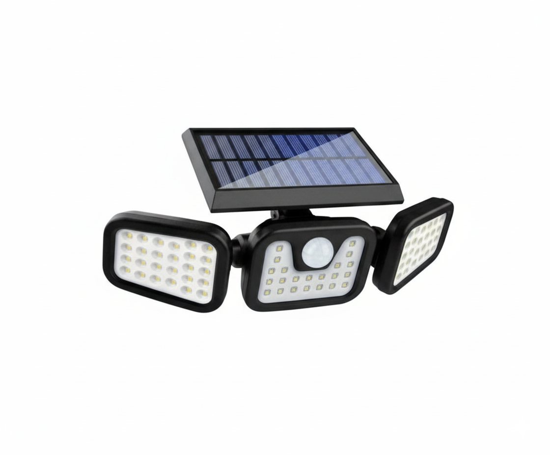 Lámpara Solar LED de Seguridad Triple Cabezal con Sensor PIR