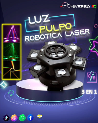 Robotica Luz Pulpo Laser + strobe 3 en 1 cabeza Movil 6 brazos ojos de abeja efectos iluminacion