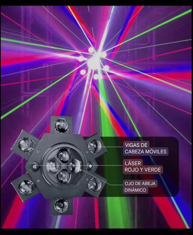 Robotica Luz Pulpo Laser + strobe 3 en 1 cabeza Movil 6 brazos ojos de abeja efectos iluminacion