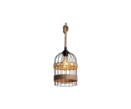Lámpara Colgante Jaula de Hierro Cuerda de Cáñamo y Estilo Vintage - UNIVERSO LED